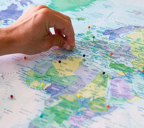 Blue World Push Pin Map, Canvas Frame with multi color push pin personalized name and text image 2
