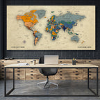 Multi Colorful  World Map Canvas, Push Pin World Travel Map, Personalized Large World Map, DIY Push Pin Travel Map Canvas