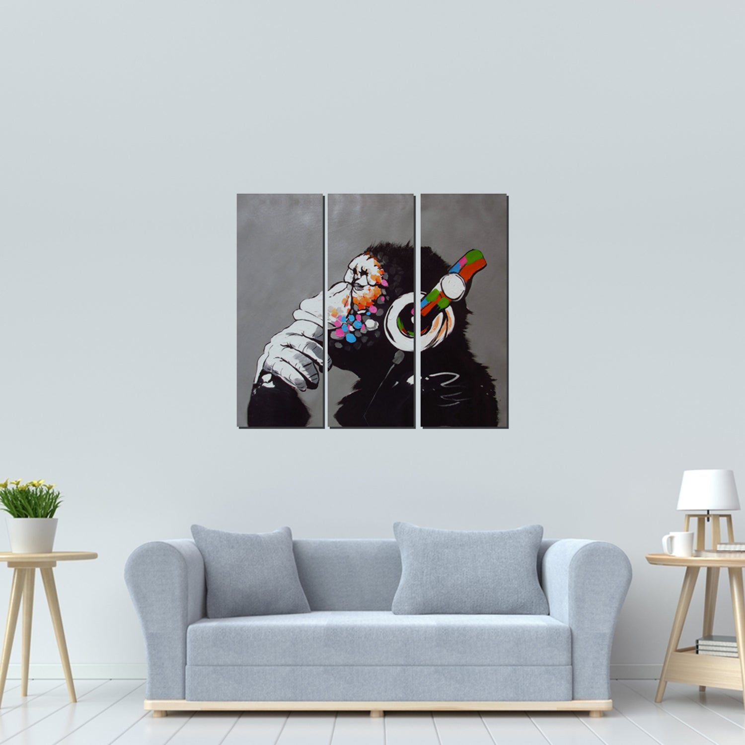 DJ Monkey Thinker Headphones 3 and 5 Panel Gorilla Monkey Music Canvas Wall Print - 3 Panel (16"x32" each) image